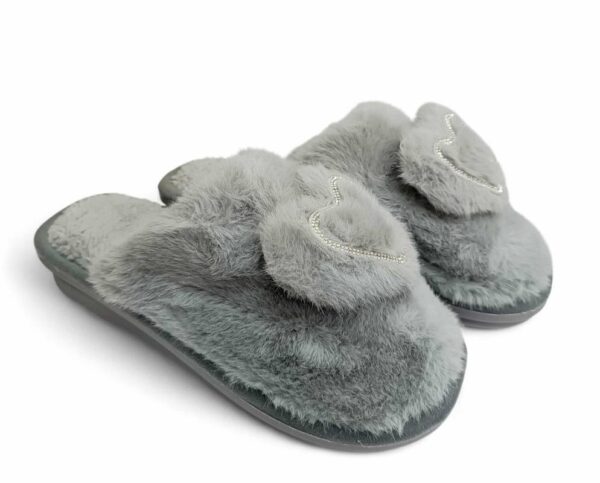 Sesamall Γυναικεία Χειμερινή Παντόφλα Με Οικολογική Γούνα και Τακούνι Grey Καρδούλα