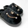 Δίπατες Γυναικείες/Εφηβικές Χειμερινές Παντόφλες Οικολογική Γούνα και Γούρια Black