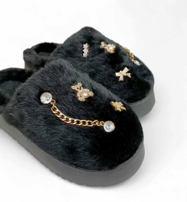 Δίπατες Γυναικείες/Εφηβικές Χειμερινές Παντόφλες Οικολογική Γούνα και Γούρια Black