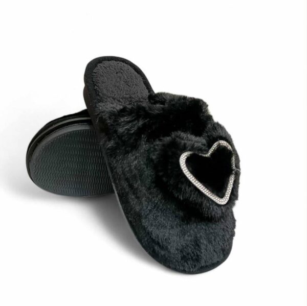 Sesamall Γυναικεία Χειμερινή Παντόφλα Με Οικολογική Γούνα και Τακούνι Black Καρδούλα