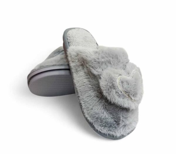 Sesamall Γυναικεία Χειμερινή Παντόφλα Με Οικολογική Γούνα και Τακούνι Grey Καρδούλα