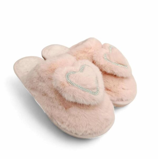Sesamall Γυναικεία Χειμερινή Παντόφλα Με Οικολογική Γούνα και Τακούνι Pink Καρδούλα