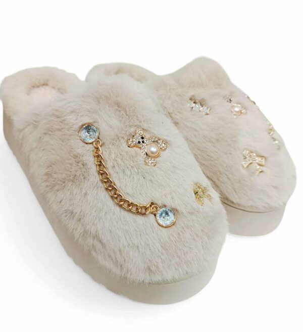 pUwWBoIb Δίπατες Γυναικείες/Εφηβικές Χειμερινές Παντόφλες Οικολογική Γούνα και Γούρια Beige