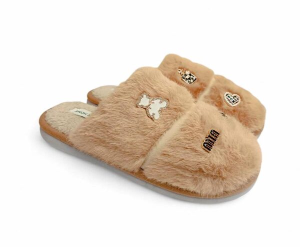 Jomix Γυναικεία Χειμερινή Παντόφλα Με Οικολογική Γούνα και Γούρια Camel