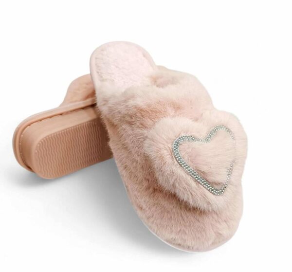 Sesamall Γυναικεία Χειμερινή Παντόφλα Με Οικολογική Γούνα και Τακούνι Pink Καρδούλα