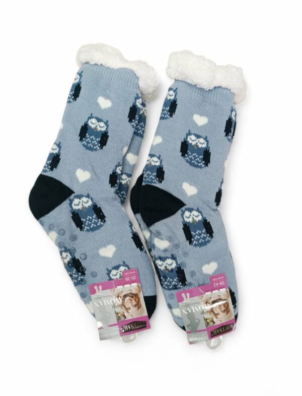 Κάλτσες Γυναικείες/Εφηβικές Αντιολισθητικές με Γούνα Κουκουβάγιες Γαλάζιο