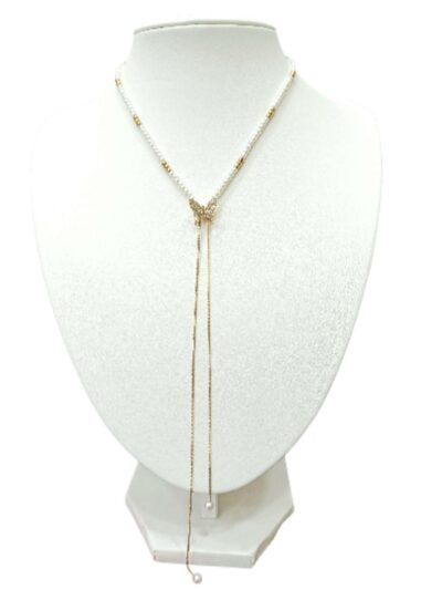 SD0116 Κολιέ Γραβάτα Από Ατσάλι Επιχρυσωμένο 24Κ Με Zircon Πεταλούδα και Πέρλες SD0116