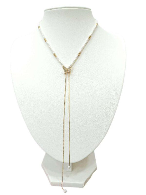 Κολιέ Γραβάτα Από Ατσάλι Επιχρυσωμένο 24Κ Με Zircon Πεταλούδα και Πέρλες SD0116