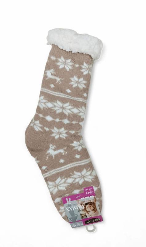 Κάλτσες Γυναικείες Αντιολισθητικές με Γούνα Χιονονιφάδες Beige