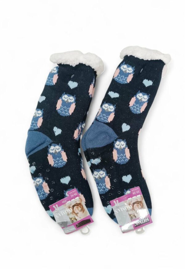 Κάλτσες Γυναικείες/Εφηβικές Αντιολισθητικές με Γούνα Κουκουβάγιες Μπλε