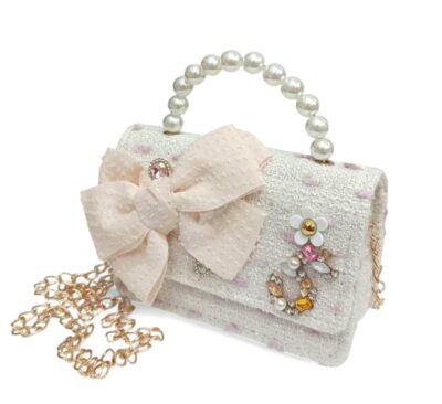 Παιδική Τσάντα Βόλτας Κορίτσι με Φιόγκο και Πέρλες Beige