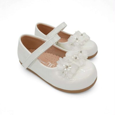 Zak Shoes Βρεφικές/Παιδικές Ανατομικές Μπαλαρίνες με Λουλούδια και Strass Λουστρίνι Off White