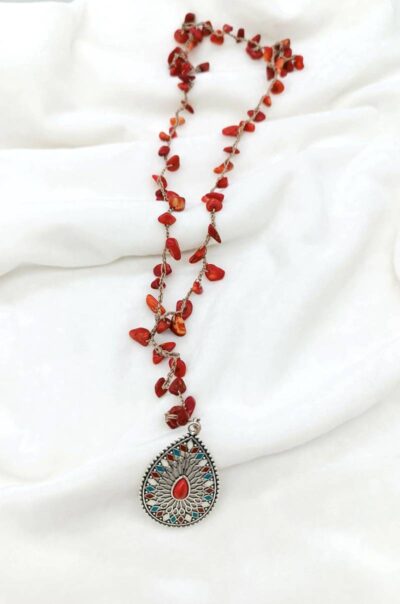 Χειροποίητο Μακρύ Κολιέ Κροσέ με Κόκκινο Κοράλλι και Δάκρυ