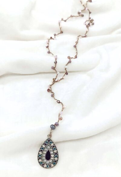 Χειροποίητο Μακρύ Κολιέ Κροσέ με Κρύσταλλα και Δάκρυ με Strass