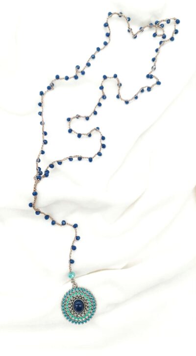 Χειροποίητο Μακρύ Κολιέ Κροσέ με Μπλε Κρύσταλλα