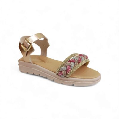 Primi Passi Παιδικό/Εφηβικό Δερμάτινο Ανατομικό Πέδιλο Κορίτσι με Strass Πλεξούδα