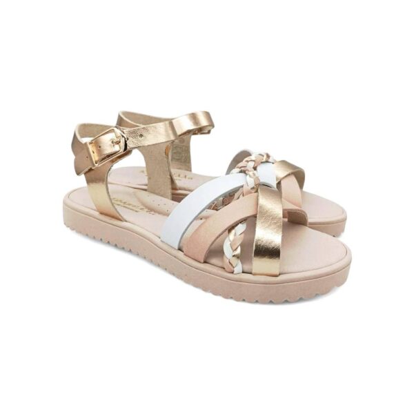 Καραμέλλα Παιδικό/Εφηβικό Δερμάτινο Ανατομικό Πέδιλο Κορίτσι Πλεξούδα Χαλκός/Ροζ/Λευκό